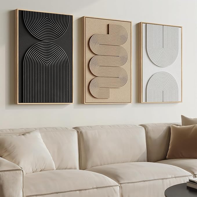 3D Textured Framed Boho Neutral Abstract Wall Art for Bedroom Decor, 3 Piece Modern Artwork for Walls, Black White Brown Minimalist Geometric Paintings for Living Room, Dining Room Wall Decor 16x24 In - Image 4