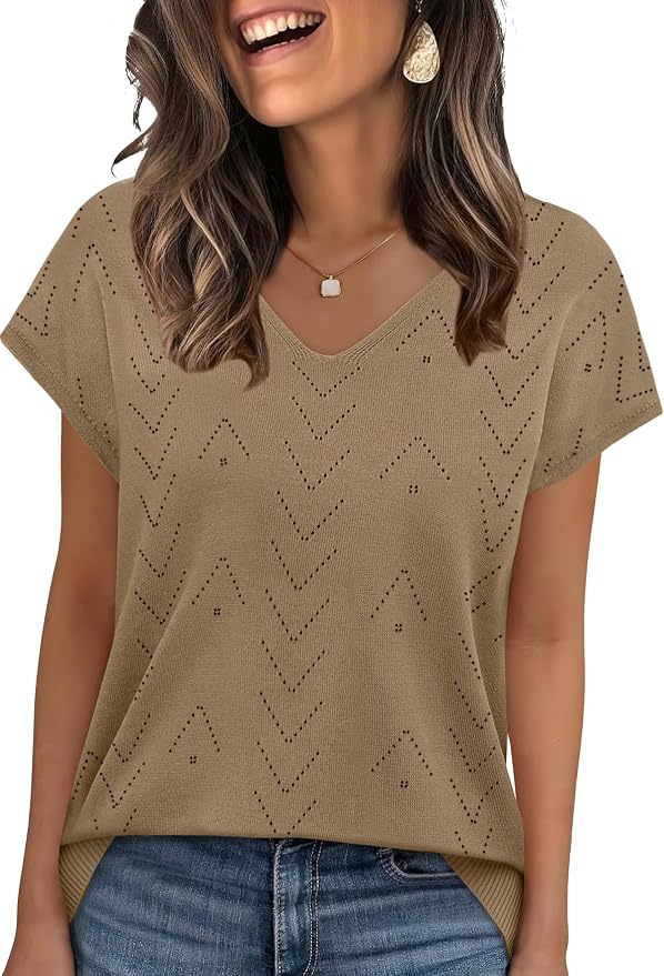 WIHOLL Short Sleeve Sweater for Women V Neck Trendy Cute Tops Business Casual Outfits Cap Sleeve - Image 2