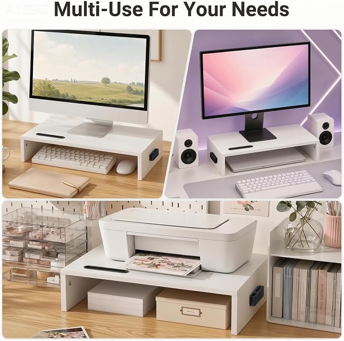 BONTEC Monitor Stand Riser with Cellphone Holder & Cable Management | 16.7 Inch Wood Monitor Riser Stand, Desktop Stand for PC/TV/Laptop/Printer, White - Image 7