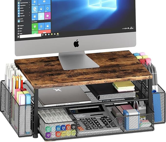 OPNICE Wood Desk Organizers and Accessories, 2-Tier Computer Monitor Stand Riser with Drawer and 2 Pen Holders, Laptop Stand, Office Desk Accessories for Office Supplies, Brown by OPNICE