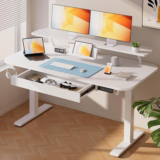 COMHOMA Electric Standing Desk with Drawers, 48 x 24'' Sit Stand up Desk with Monitor Stand, Laptop Stand, Height Adjustable Ergonomic Home Office Computer Desk with Memory Preset Controller by ComHoma