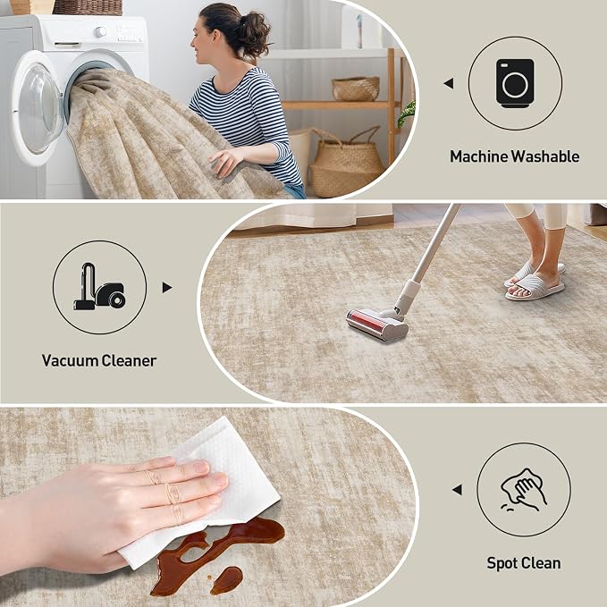 2'6''x8' Runner Rugs Washable Rug: Modern Abstract Living Room Rug Soft Anti-Skid Thin Carpet Indoor Floor Non-Shedding Carpets for Bedroom Dining Room Farmhouse Nursery Home Office - Beige - Image 4