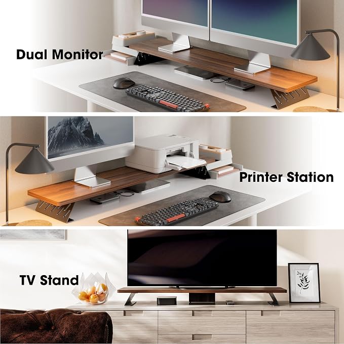 Fenge Dual Monitor Stand Riser, 42.5 Inch Desk Top Shelf for 2 Monitors, Computer Stands for Desk, Wood & Steel Desktop Riser for Laptop, PC, Printer - Image 7