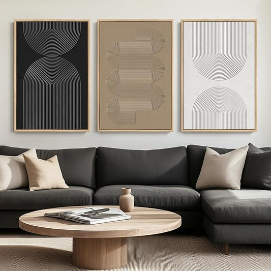 Large Framed Black and White Neutral Abstract Wall Art, 3 Piece Minimalist Canvas Prints Paintings Artwork for Walls, Boho Geometric Pictures for Living Room Hallway Office Wall Decor Total 30x60 In by Cuspin