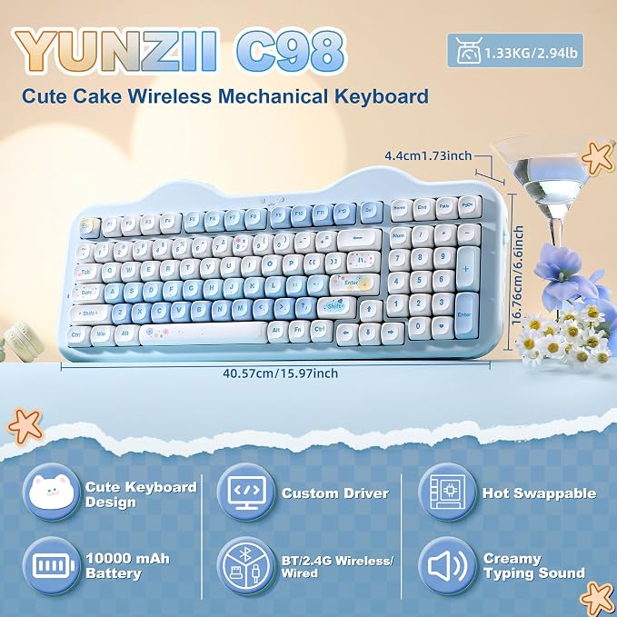 YUNZII C98 Cute Cake Wireless Mechanical Keyboard(Blue, Candy Switch) | 99 Keys with Number Pad, Hot Swap, PBT MOA Keycaps, BT5.0/2.4G/USB-C, Gasket Mount, Custom RGB Backlit for Win/Mac - Image 2