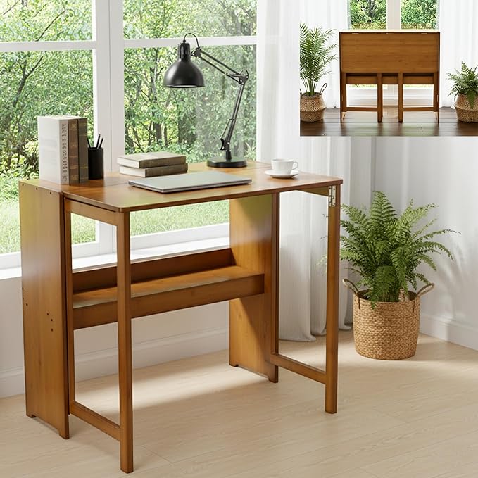 Wood Foldable Desk,Space Saving Foldable Table Bamboo Folding Desk Study Table with Bookshelf for Office Home Study Bedroom by PetourBestChoice