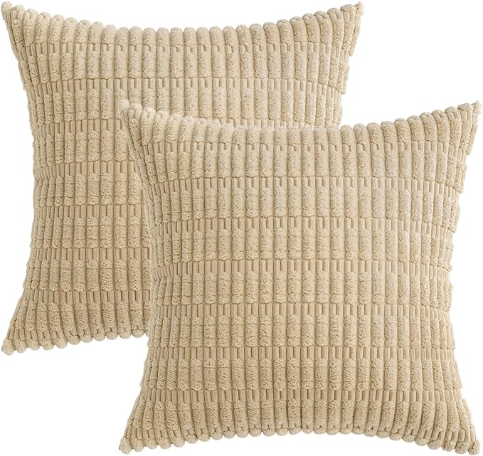 MIULEE Pack of 2 Corduroy Decorative Throw Pillow Covers 20x20 Inch Soft Boho Striped Pillow Covers Modern Farmhouse Home Decor for Sofa Living Room Couch Bed Tan - Image 6