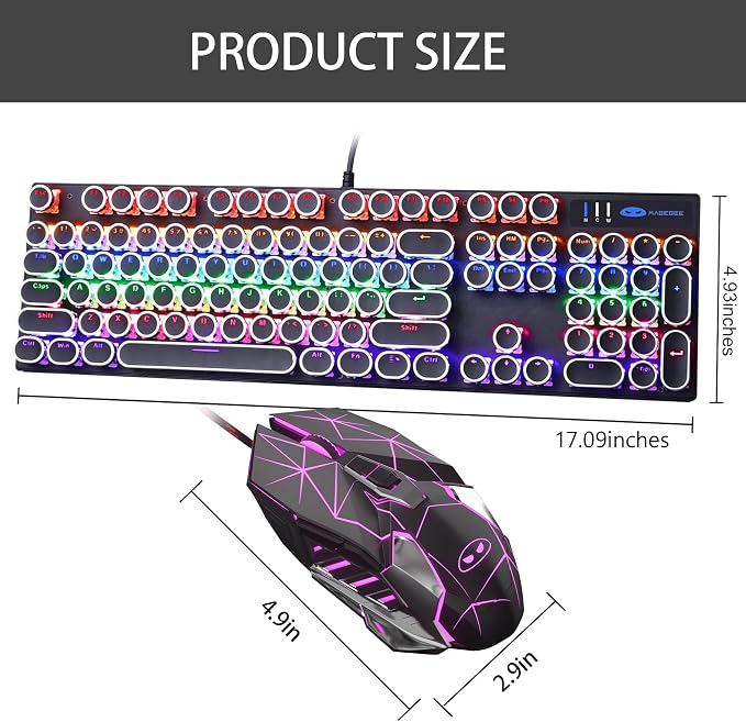 Retro Typewriter Keyboard and Mouse Combo, Cute Black Keyboard with Linear Red Switches, Full Size Wired Mechanical Gaming Keyboard, Cool Light Up Keyboard and Mouse for Gaming,Work,Mac,PC,Windows - Image 8
