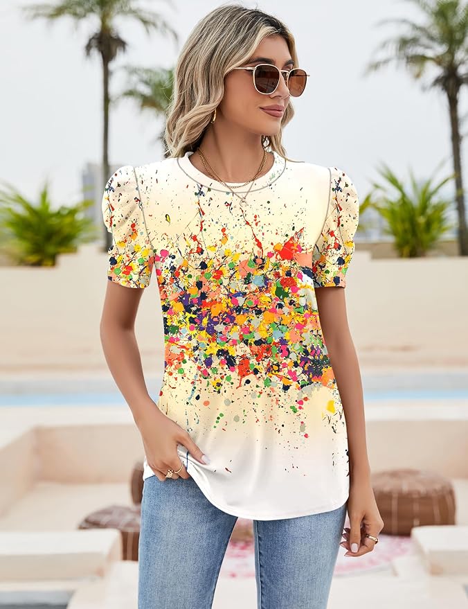 Ivicoer Puff Short Sleeve Shirt for Women Eyelet Tops Summer Crewneck Blouse Loose Fit S-XXL - Image 2