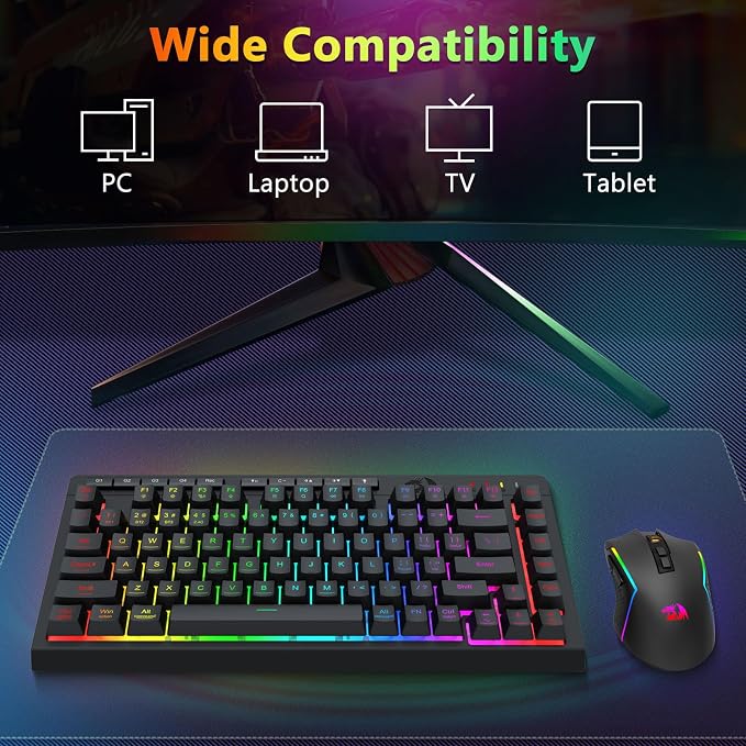 Redragon Wireless Gaming Keyboard and Mouse Combo, 75% Portable, Black | Bluetooth/2.4G/USB-C Wired, RGB Backlit, Quiet Rechargeable Macro Membrane Keyboard & 12800 DPI Mouse for Win/MAC - Image 9