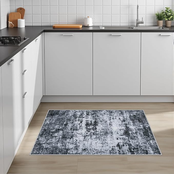 Washable Area Rug 2x3 Entryway Rug: Washable Modern Abstract Soft Thin Rug Indoor Floor No Slip Stain Resistant Carpet for Bedroom Dining Room Farmhouse Nursery Home Office - Black - Image 3