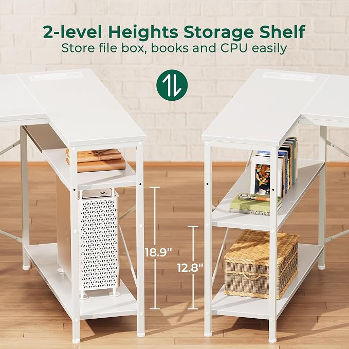 Huuger L Shaped Office Desk with Power Outlets, 55 Inch Computer Desk with 3 Drawers, Shelves, Reverisble for Gaming Corner Work Home Office Study, White - Image 7