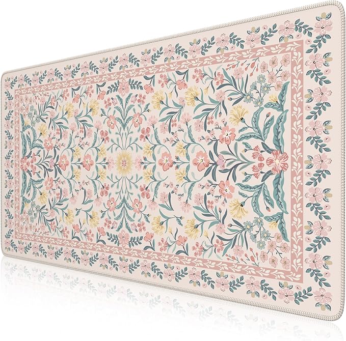 iCasso Desk Mat,Mouse Pad for Office Desk,35.4x15.7in,Pink Floral | Desk Pad for Women Home Office Decor Supplies, Desk Accessories, Non-Slip Mousepad with Stitched Edge, Smooth Water-Resistant by iCasso