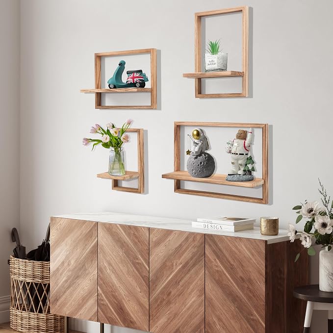 PHOENANCEE Square Floating Shelves,Framed Wall Shelf Decorative Set of 4,Modern Plants Hanging Display Art Decor Storage for Livingroom Bedroom Bathroom Farmhouse,Home Light Wood,Carbonized Black - Image 2