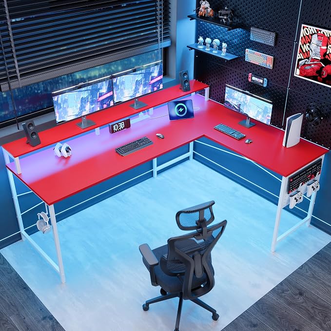 Pamray 64 Inch L Shaped Gaming Desk with Monitor Stand and Power Outlets | Large Corner Computer Desk With Pegboard & Led Lights USB Charging Ports for Home Office Study and Writing Bedroom and Dorms by PAMRAY