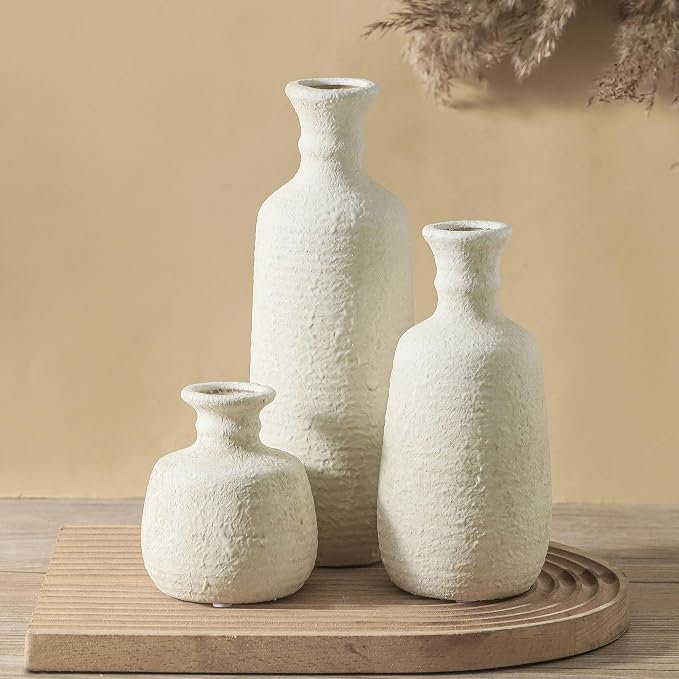 Ceramic Vase Set of 3, Neutral Rustic Vases Home Decor Farmhouse Decorative Vase Whitewashed Pottery Decor Boho Modern for Table Mantel Entryway Bookshelf Living Room Kitchen Bathroom Bedroom - White - Image 9