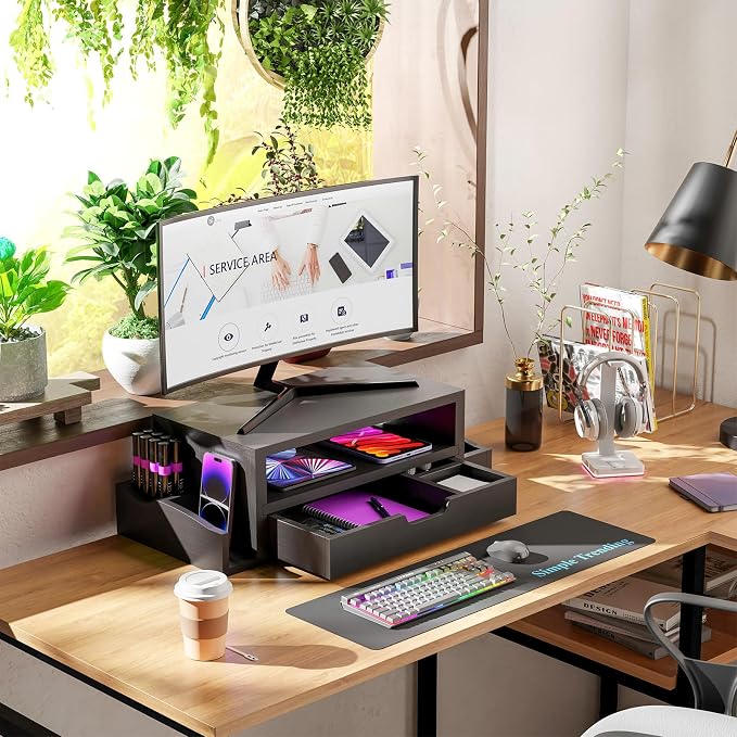 Simple Trending Wood Monitor Stand Riser with Drawer and Pen Holder, Desk Organizer for Home Office, Black - Image 3