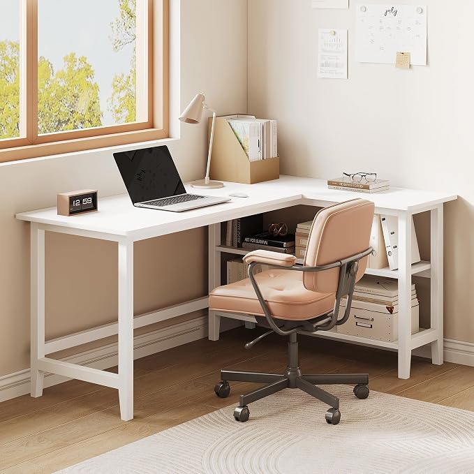 IOTXY Reversible L-Shaped Office Desk - 53" Modern Corner Computer Table with Storage Shelves, Solid Wood Legs, Home Writing & Study Workstation, White - Image 8