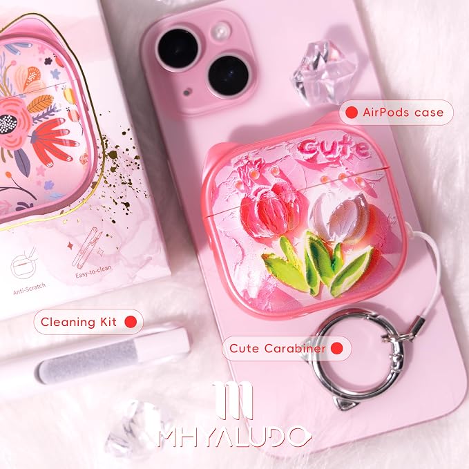 for AirPods 4 Case with Cleaning Kit, Cute Cat Ear Print Design & Cute Buckle, Inverted Phone Holder Design, Top Safe Lock Buckle Design, for Girls AirPods 4 case 2024, Tulip - Image 7