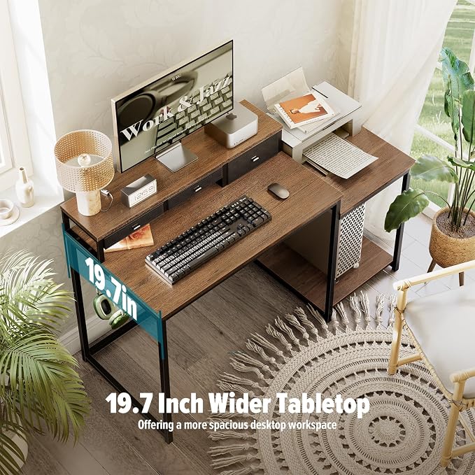 SINPAID 47 inch Computer Desk with Printer Shelf, Gaming Desk with Monitor Stand and Drawers, Reversible Home Office Desk with Storage Shelves and 2 Hooks, Home Workstation for Study Writing, Walnut - Image 3
