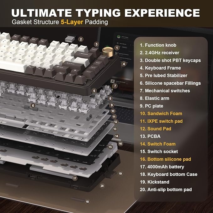 YUNZII B75 PRO 75% Wireless Mechanical Keyboard (Coffee Brown, MilkV2) | Hot Swap Keyboard with Knob, Gasket Mount, Creamy Pre-lubed Switch for Smooth Typing, BT/USB-C/2.4G, for Gaming - Image 4