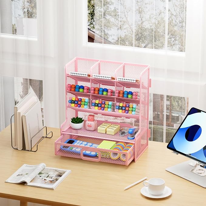 Marbrasse Larger Mesh Desk Organizer with Drawer, Multi-Functional Pen Pencil Holder, Easy Assembly, Desk Organizers and Accessories for Office Art Supplies (Pink) - Image 8