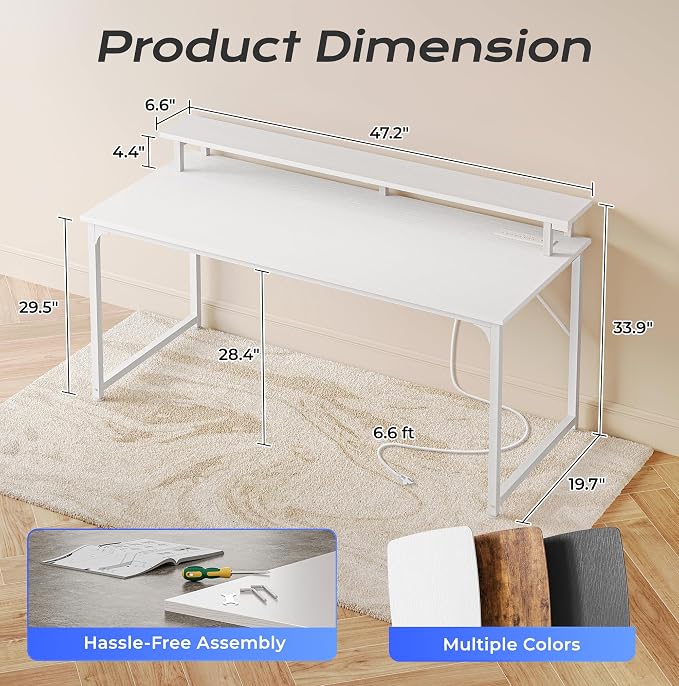 PRAISUN 48 inch Gaming Desk, LED & Power Outlets, Monitor Stand, White | Sturdy PC Desk for Home Office, Study & Work, LED Lights, 4 AC Outlets & USB-C Charging Station - Image 3