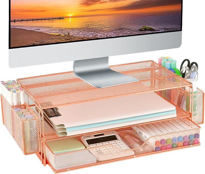 AUPSEN Computer Monitor Stands Riser，2-Tier Desk Organizers and Accessories, Office Desk Accessories Organizer with Drawers and 2 Pen Holder for Office Supplies (Rose Gold) by AUPSEN