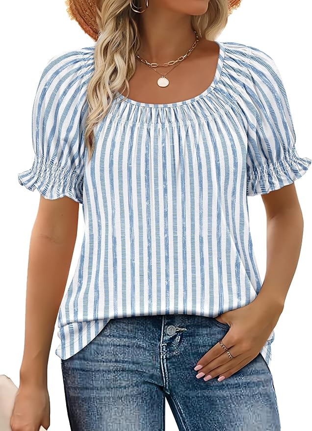 WIHOLL Womens Short Sleeve Square Neck Summer Tops Dressy Casual Blouses Trendy Clothes 2026 by WIHOLL