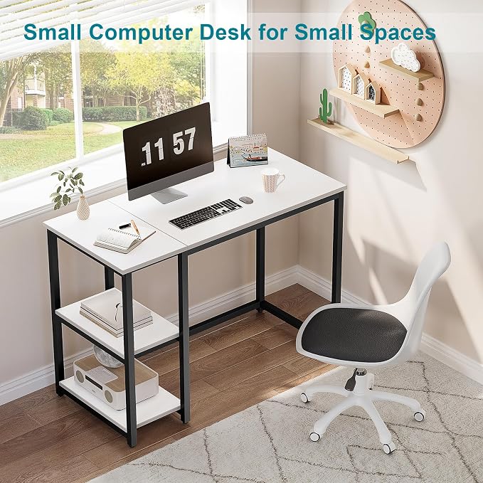 SINPAID Computer Desk 47 inches with 2-Tier Shelves Sturdy Home Office Desk with Large Storage Space Modern Gaming Desk Study Writing Laptop Table, White Desk - Image 4
