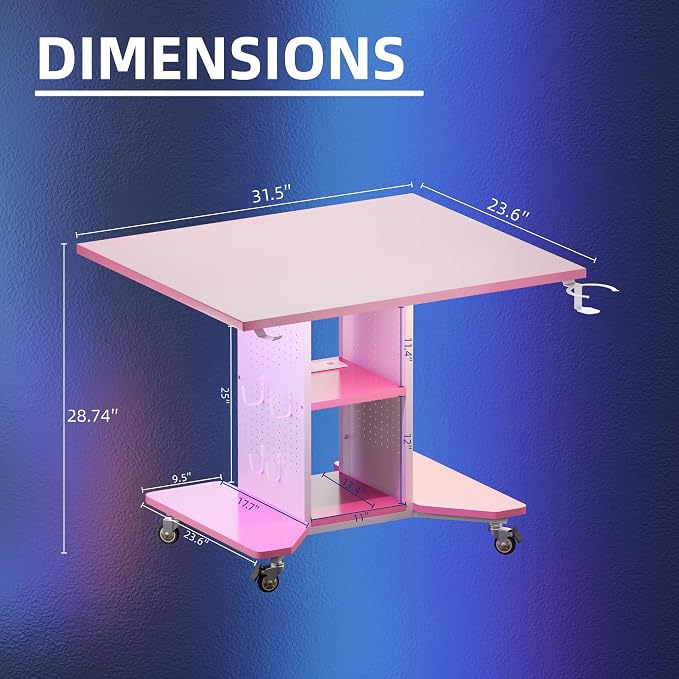 Pamray Small Gaming Desk Rolling Computer Table Pink | Movable, with Led Lights Power Outlets, with Storage Pegboard and Hook, Sturdy, Suitable for Study Gaming Bedroom Dorm - Image 3