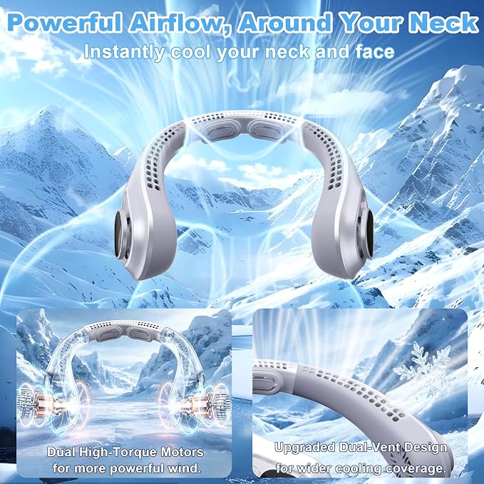 Portable Neck Fan Rechargeable - [with LED Display] 5 Speeds, 5000 mAh Battery Operated Wearable Personal Cooling Bladeless Fan for Outdoor Travel, Gifts for Men Women Kids,Gray - Image 3