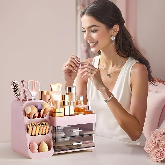 HBlife Makeup Organizer with Brush Holder for Vanity, Large Plastic Bathroom Countertop Organizer Skin Care Storage, Easy to Store Lipsticks, Nail Polishes, Perfumes, Eyeshadow Palettes, Pink - Image 7