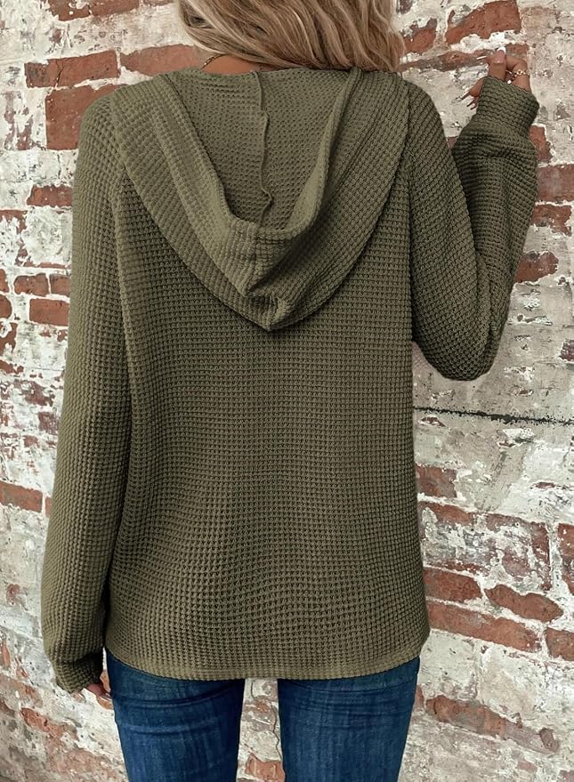 Dokotoo Hoodies for Women Waffle Knit Long Sleeve Drawstring Button V Neck Casual Sweatshirt Hooded Tops Fashion Clothing - Image 2