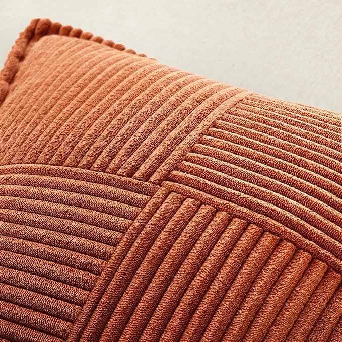 MIULEE Fall Dark Rust Decorative Throw Pillow Covers for Couch Bed Livingroom 16x16 Inch Set of 2 Boho Accent Throw Pllows Broadside Striped Patchwork Soft Corduroy Pillowcases, Terracotta - Image 5