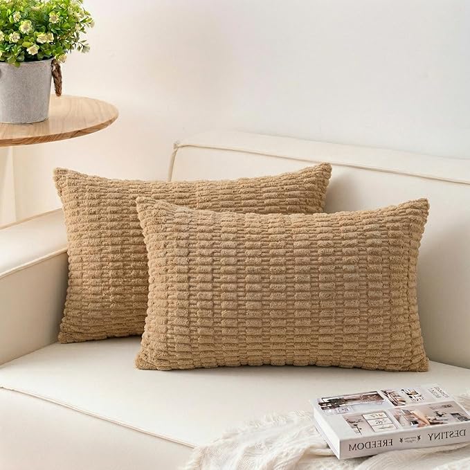 Aegero Pack of 2 Corduroy Decorative Throw Pillow Covers 12x20 Inch Soft Striped Pillow Covers Modern Farmhouse Home Decor for Sofa Living Room Couch Bed（Coffee） by Unknown
