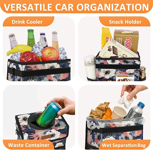 Vankor Car Trash Can for Car Cute, Trash Bag Bin Hanging Waterproof Automotive Garbage Cans Leak Proof Vehicle Trash Can Painting Floral - Image 6