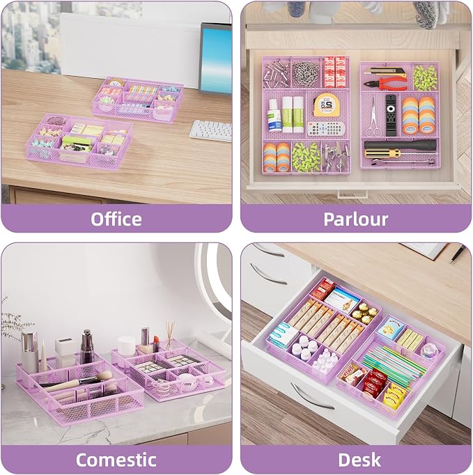 Marbrasse 2 Pack Desk Drawer Organizer, Mesh Drawer Organizer Tray with 8 Adjustable Compartments, Desk Organizers and Accessories, 5 Dividers Drawer for Office Supplies, Makeup & Vanity (Purple) - Image 3