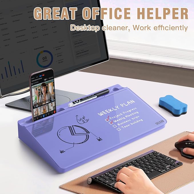 SELEAD Desktop Glass Whiteboard with Storage, Small Dry Erase White Board Computer Pad Keyboard Stand for Home, School, Office Desk Accessories - Purple - Image 2