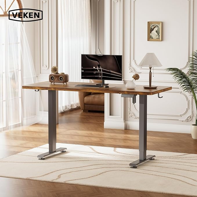 Veken Standing Desk, Brown,55×23.6 Inch | Height Adjustable Sit Stand Up Computer Tables for Home Office, Study , Writing, Suit students, employees and group work - Image 2