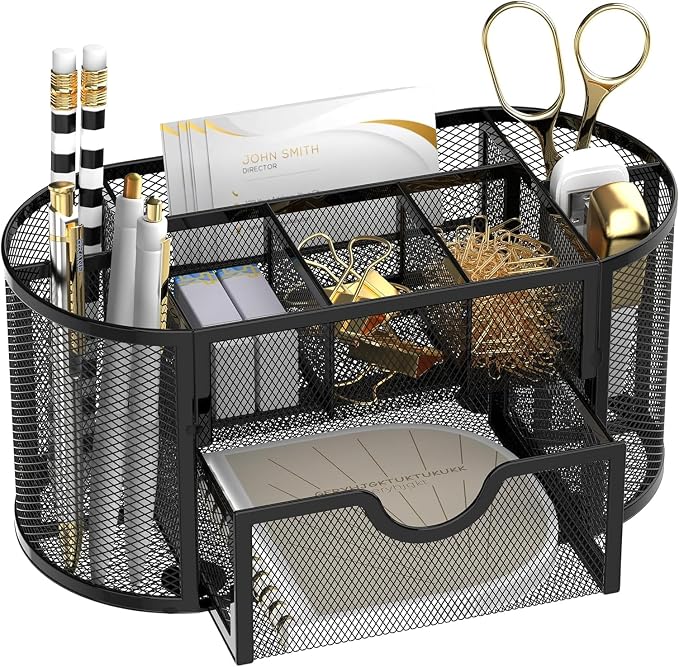 Mesh Desk Organizer with Drawer, 9-Compartment Pen Holder for Desk, Black | Pull-Out Drawer Stores Pens, Pencils, Clips, Notes, and Small Office or School Supplies in One Compact Desk Caddy by SUPEASY