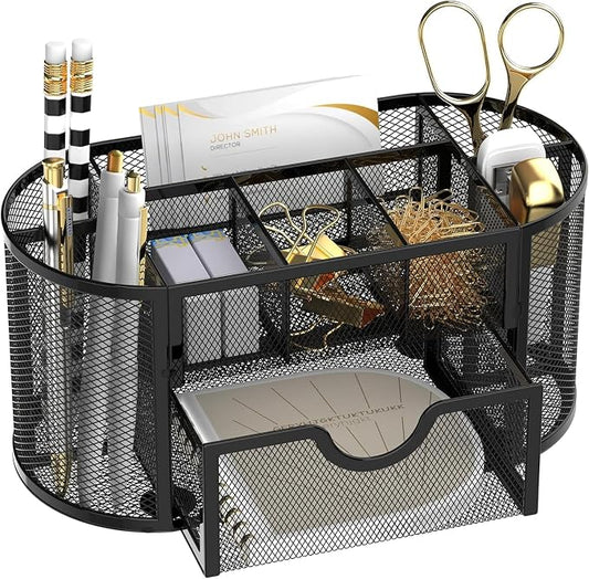Mesh Desk Organizer with Drawer, 9-Compartment Pen Holder for Desk, Black | Pull-Out Drawer Stores Pens, Pencils, Clips, Notes, and Small Office or School Supplies in One Compact Desk Caddy by SUPEASY
