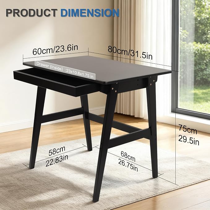 Nnewvante 31.5" Small Computer Desk with Drawer, Black | Solid Bamboo Writing Desk for Home Office, Modern Simple Style, Compact Study Desk for Small Spaces - Image 2