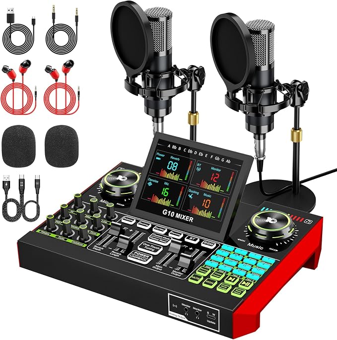 tenlamp G10 Podcast Equipment Bundle for 2 with Live Sound Board Audio Mixer - Two Condenser Mics, Voice Changer, Noise Reduction, for PC/Phone Streaming, Gaming, Singing, Podcast, Recording by tenlamp