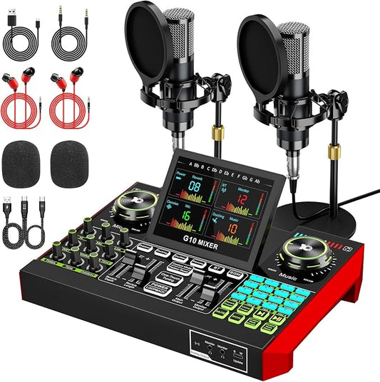 tenlamp G10 Podcast Equipment Bundle for 2 with Live Sound Board Audio Mixer - Two Condenser Mics, Voice Changer, Noise Reduction, for PC/Phone Streaming, Gaming, Singing, Podcast, Recording by tenlamp