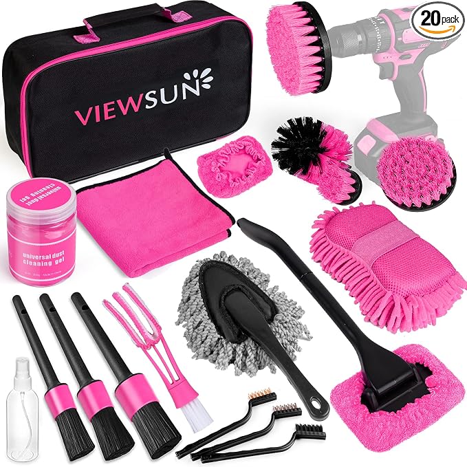 20PCS Car Cleaning Kit, Pink Car Interior Detailing Kit with Drill Brush Set, Windshield Cleaning Tool, Detailing Brushes, Wire Brushes, Cleaning Gel, Complete Cleaning Supplies for Women by Viewsun