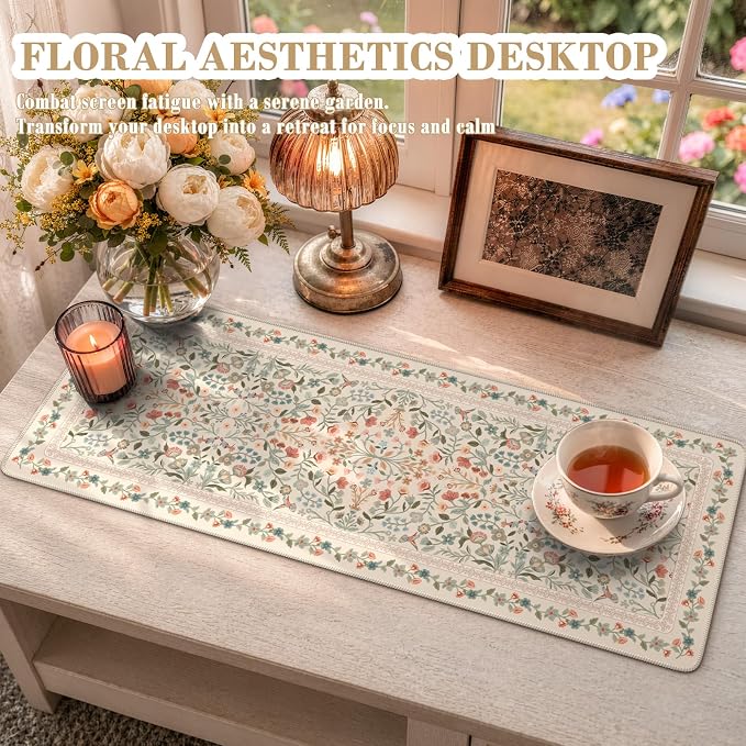 iCasso Aesthetic Desk Mat,31.5x11.8in Mouse Pads,Beige Floral | Anti-Slip Mousepad with Stitched Edges, Waterproof Computer Pad, Desk Accessories Office Decor for Women - Image 6