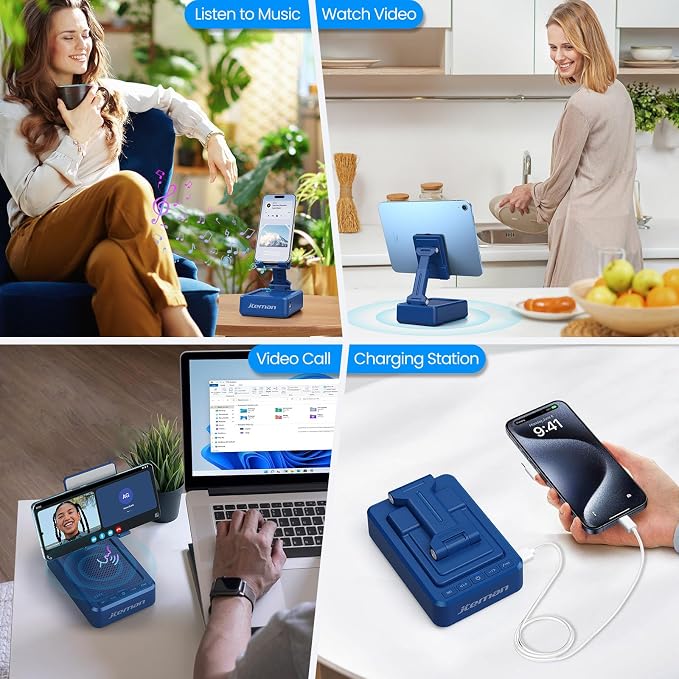 JTEMAN Cell Phone Stand with Bluetooth Speaker and Charging Function, HD Sound Adjustable Phone Holder, Birthday Gifts for Men Women, Cool Tech Kitchen Gadgets for All Phones,Tablet (Blue) - Image 6