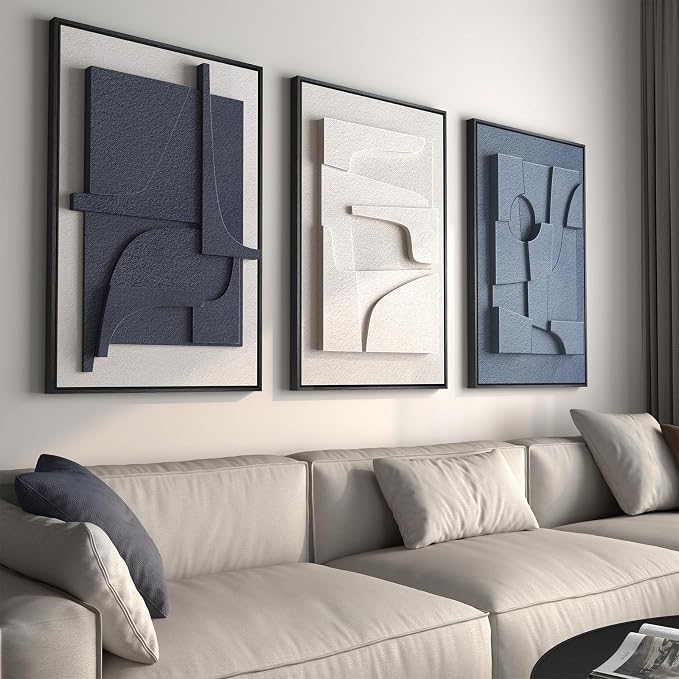 Large 3D Textured Framed Blue and White Abstract Wall Art for Living Room, 3 Piece Modern Artwork for Walls, Minimalist Navy Blue Geometric Paintings for Hallway, Stair, Office Wall Decor 24x36 In by Cuspin