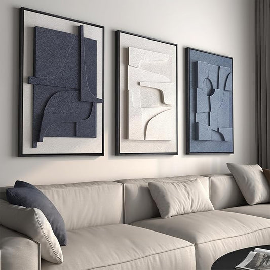 Large 3D Textured Framed Blue and White Abstract Wall Art for Living Room, 3 Piece Modern Artwork for Walls, Minimalist Navy Blue Geometric Paintings for Hallway, Stair, Office Wall Decor 24x36 In by Cuspin